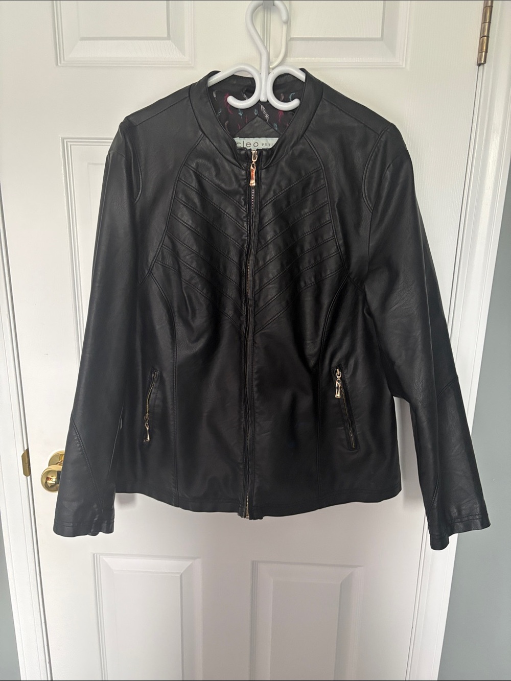 cleo Black Faux Leather Chevron-Stitch Bomber Jacket